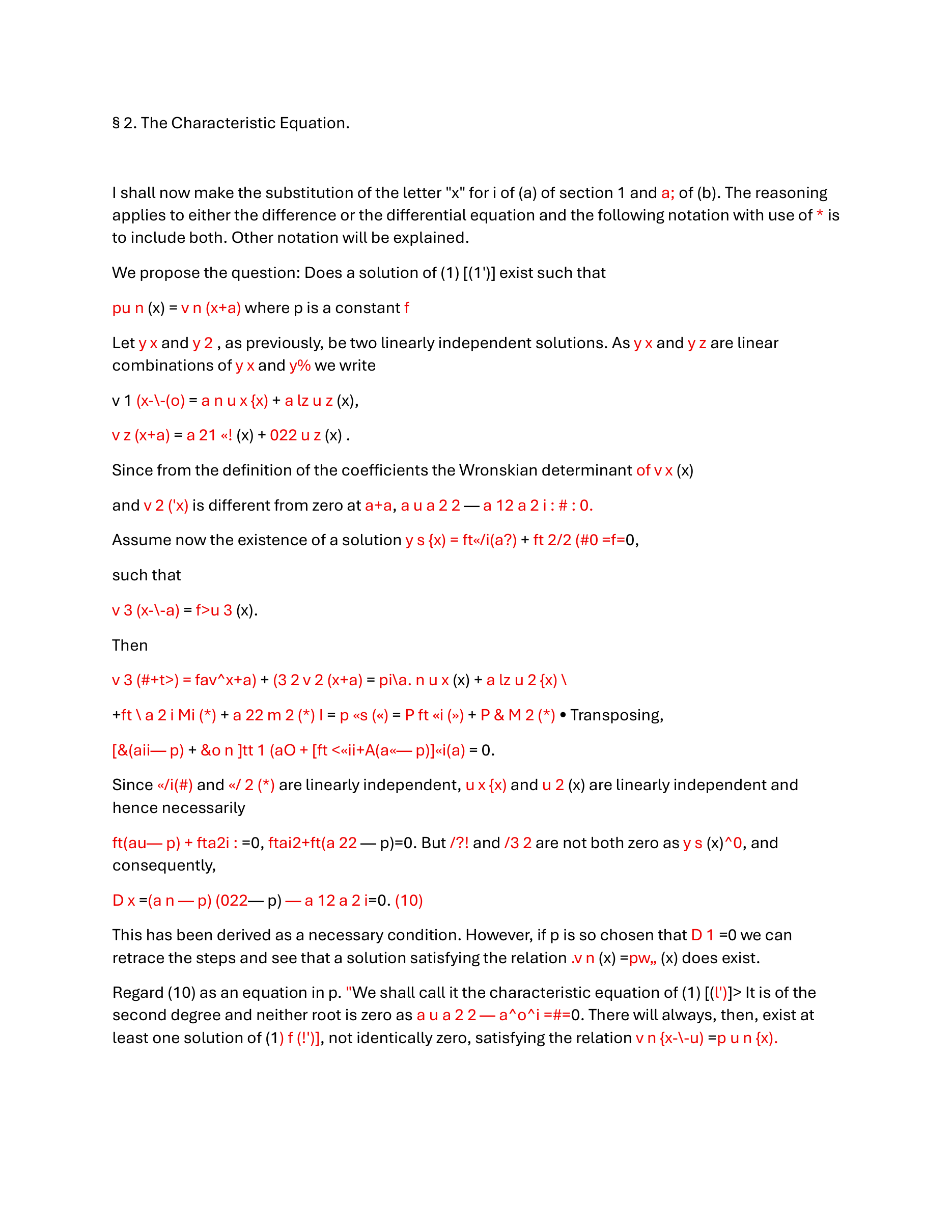 Baseline OCR output for a mathematics page with red-marked symbol errors